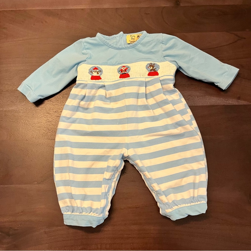 Busy Bee Smocks! Christmas Smocked Snowglobe Santa Stripe Jon Jon Romper 6 Month